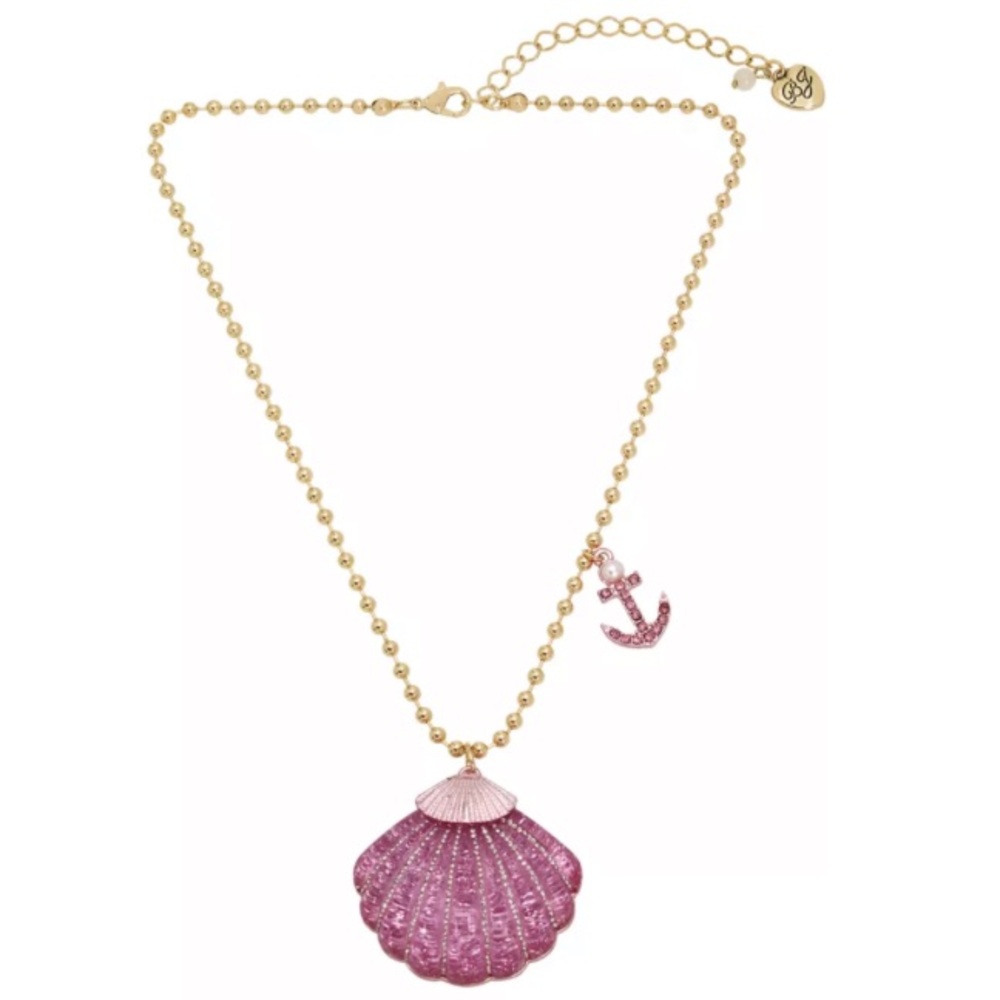 BETSEY JOHNSON Mermaid Jewels Glitter & Crystals Pink Seashell Necklace NEW NWT